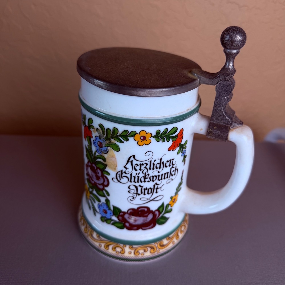 Vintage BMF West Germany Milk Glass Beer Stein Pewter Lid Floral German Phrases